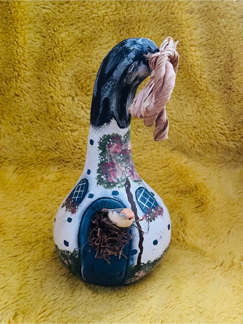 Source Unknown White and Blue Hand-Painted Birdhouse Gourd